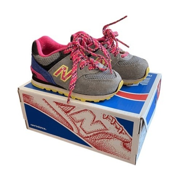 New Balance Other - New Balance 574 Kids Sneakers Grey Pink Blue Yellow KL574O6I Size 5 M